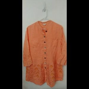 J Jill Lg 3/4 Sleeve Peach Embroidered Tunic Shirt